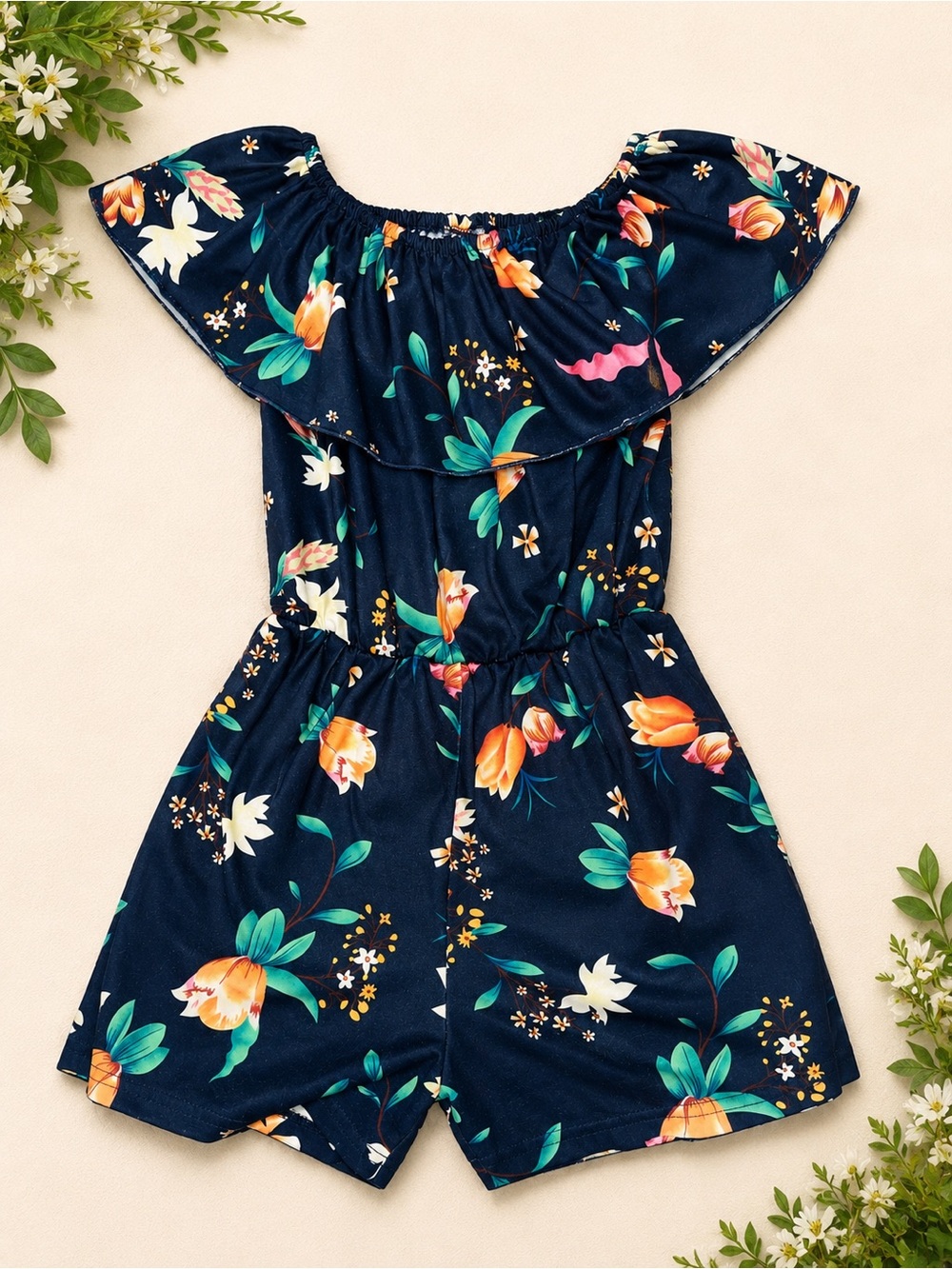 NWT PatPat Girls Floral Off Shoulder Romper Size 8-9Y Navy Blue